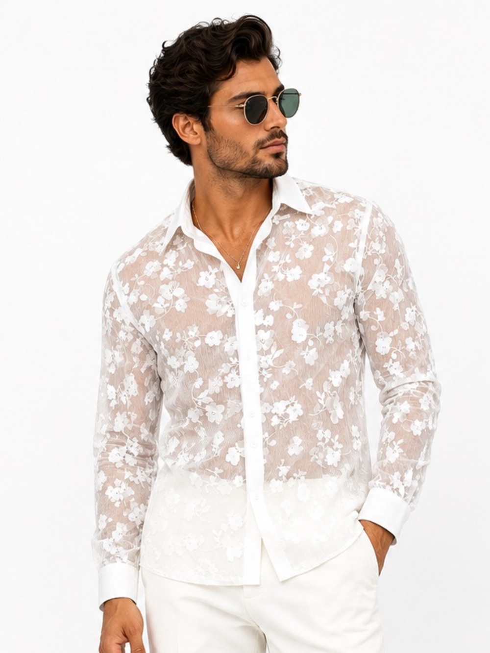 Men’s Sheer White Mesh Lace Fabric Size XXL